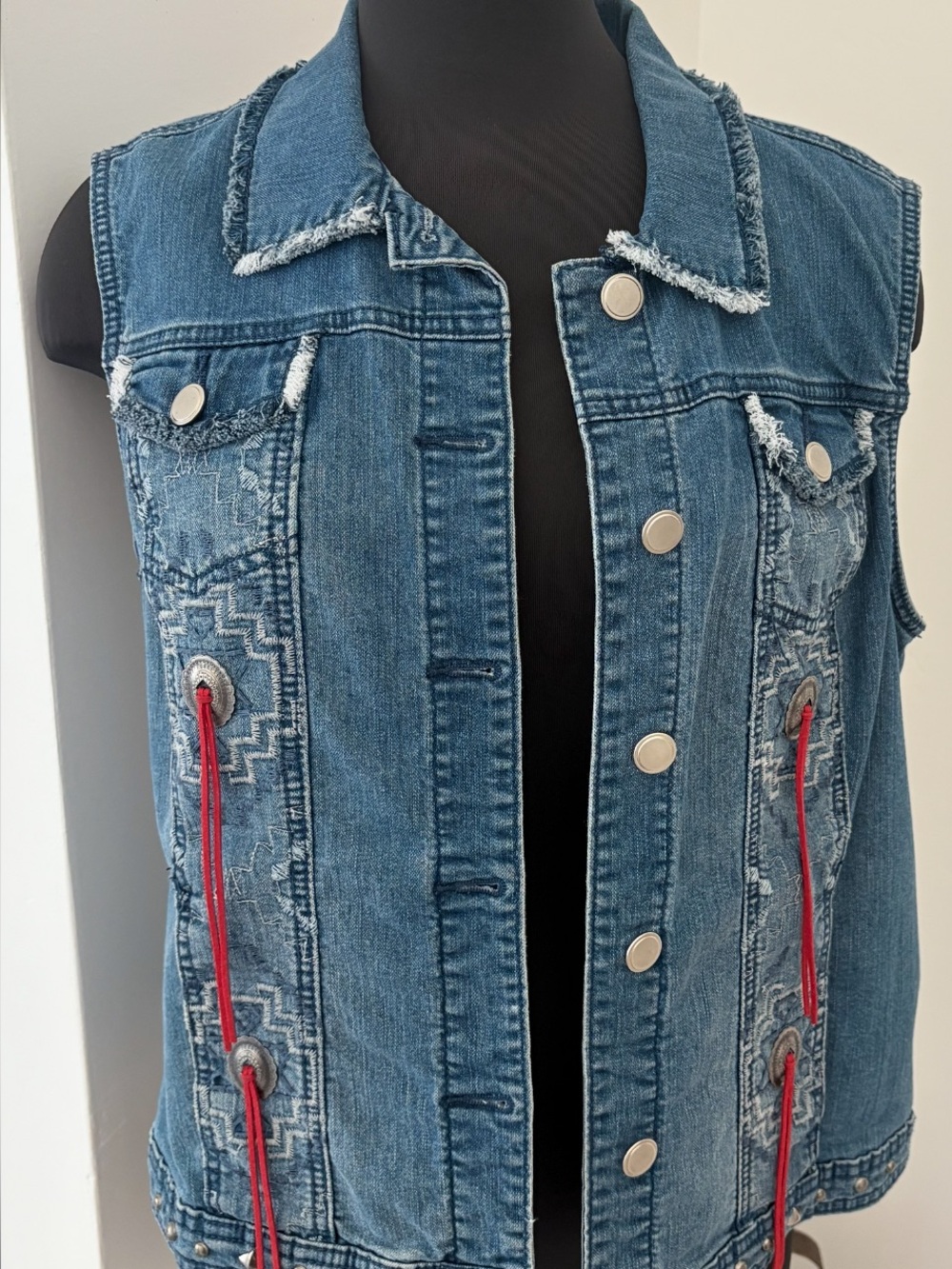 Vintage  Blue Denim southwestern style vest with lots of detail